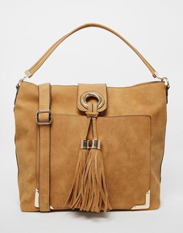 Aldo Slouch Shoulder Bag With Foldover Tassel Detail - Tan