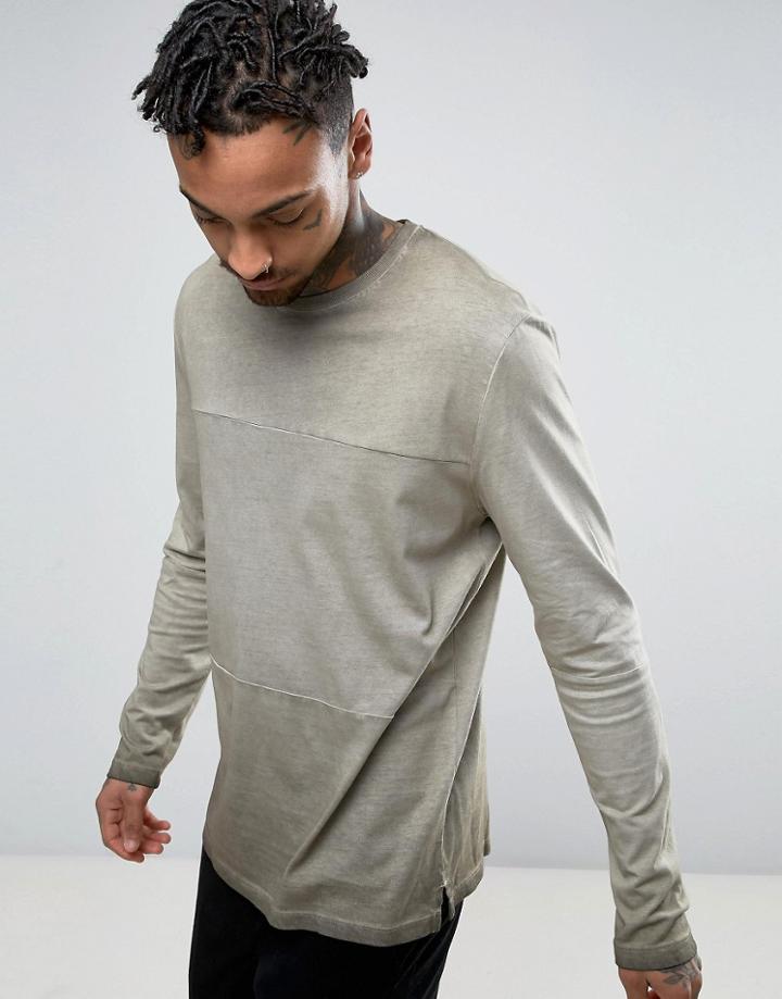 Asos Longline Long Sleeve T-shirt With Oil Wash In Heavyweight Jersey With Panels - Brown