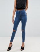 Asos Rivington High Waist Denim Jeggings In Judith Mid Wash With Rips - Blue