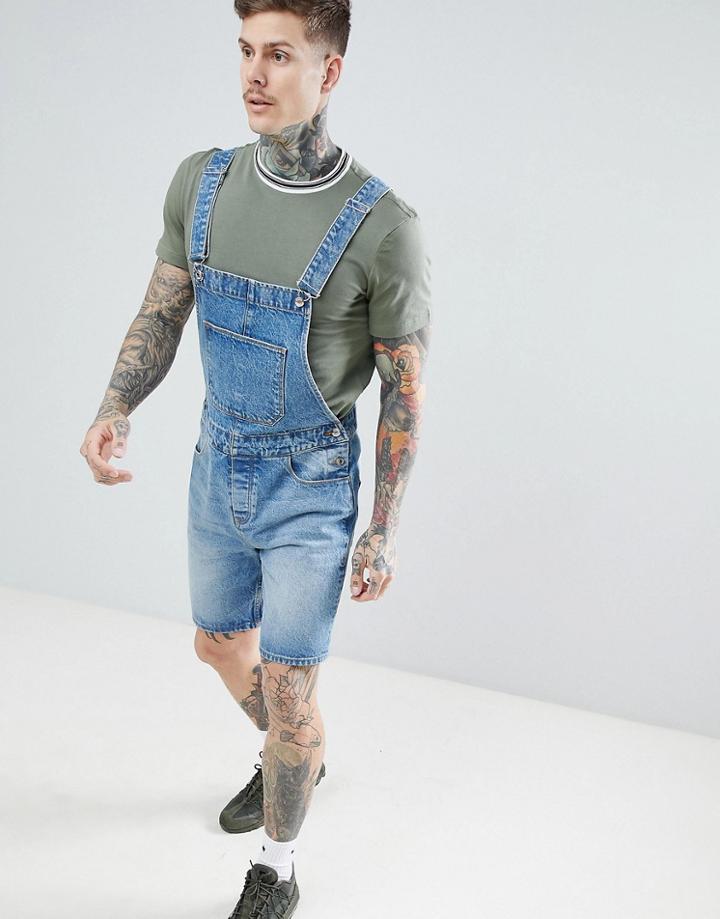 Asos Design Short Overalls In Mid Wash Blue - Blue