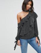 Asos Ruffle Blouse With Exposed Shoulder & Neck Band In Spot - Multi