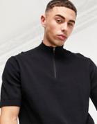 Only & Sons Quarter Zip Knitted T-shirt In Black