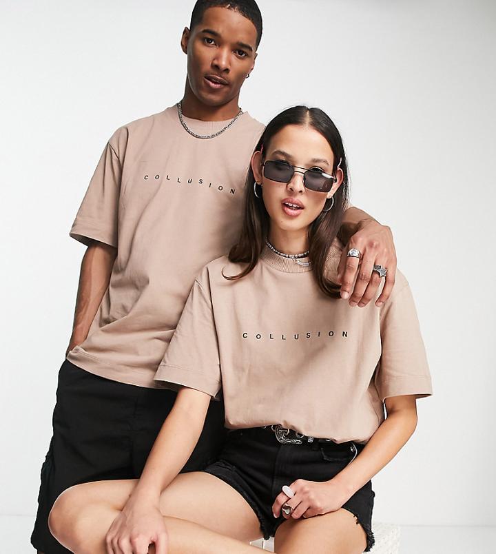 Collusion Unisex Logo T-shirt In Tan-brown
