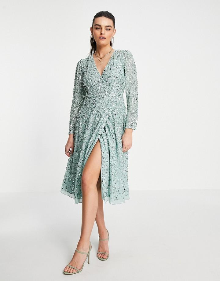 Maya Embellished Mini Wrap Midi Dress In Mint-green