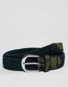 Asos Design Woven Slim Belt In Khaki With Camo Print Keeper - Green