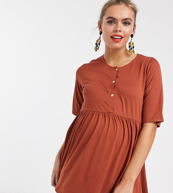 Asos Design Maternity Nursing Button Front Smock Top In Rust-brown