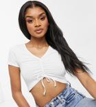 Asos Design Petite Fitted Top With Ruched Front And Short Sleeves In White