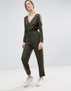 Asos Jumpsuit In Twill With Cold Shoulder And Waist Detail - Green