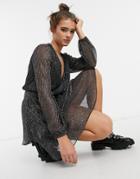 Ever New Plisse Mini Dress With Double Frill In Charcoal Glitter-grey
