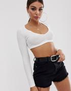 Motel Ribbed Long Sleeved Super Crop Top - Cream