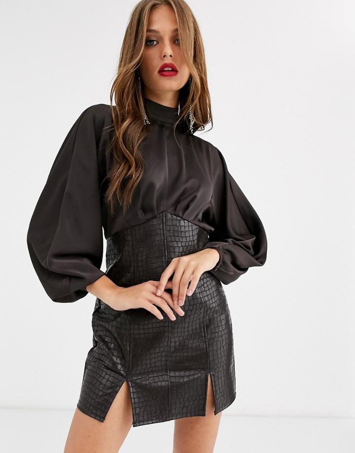 Asos Design Midi Pencil Dress In Croc Pu And High Neck Satin Top-brown