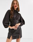 Asos Design Midi Pencil Dress In Croc Pu And High Neck Satin Top-brown