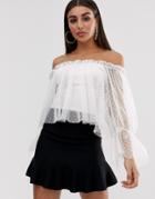 John Zack Off Shoulder Dotty Tulle Mesh Swing Top With Bell Sleeve In White - White