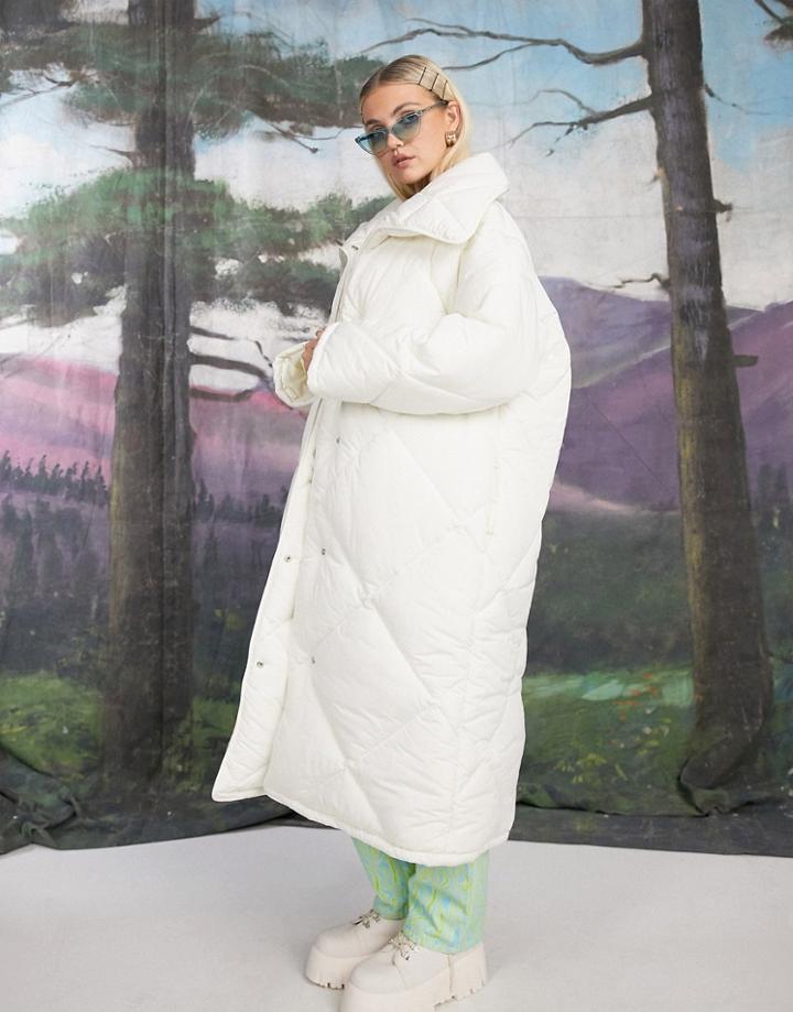 Asos Design Oversized Hero Quilted Maxi Coat In Cream-white