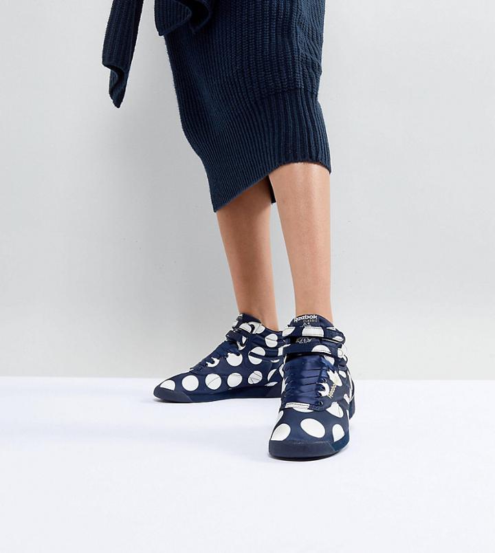 Asos White X Reebok Freestyle Hi Sneakers In Satin Spot - Navy