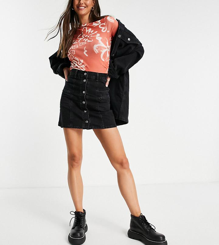 Asos Design Tall Cotton Blend Denim Button Through Skirt In Washed Black - Black