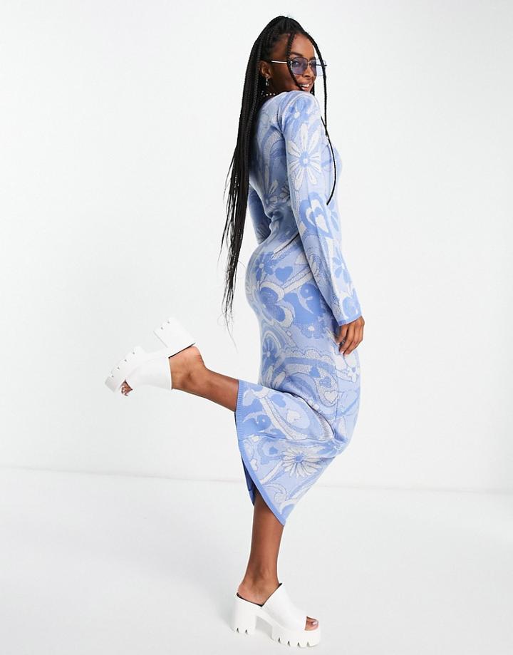 Asos Design Knitted Midi Dress In 70's Style Pattern In Blue