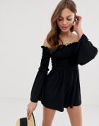 Asos Design Off Shoulder Romper With Shirred Bodice And Flare Sleeve