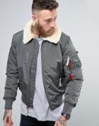 Alpha Industries Bomber Jacket With Sheep Fur Collar In Slim Fit Gray