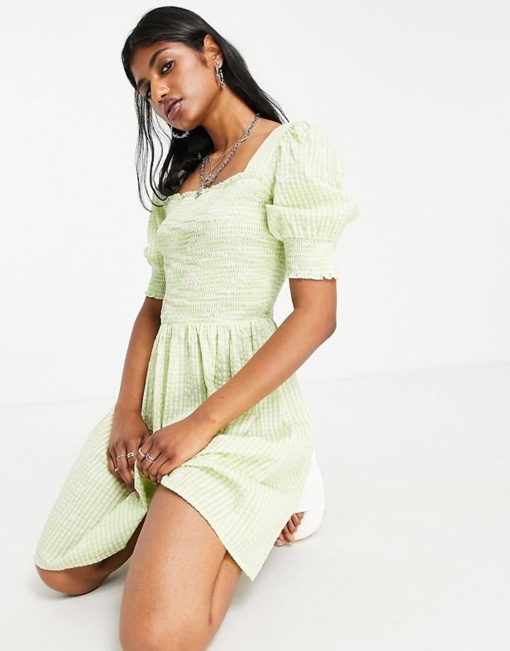 Only Shirred Seersucker Puff Sleeve Mini Dress In Lime Gingham-multi