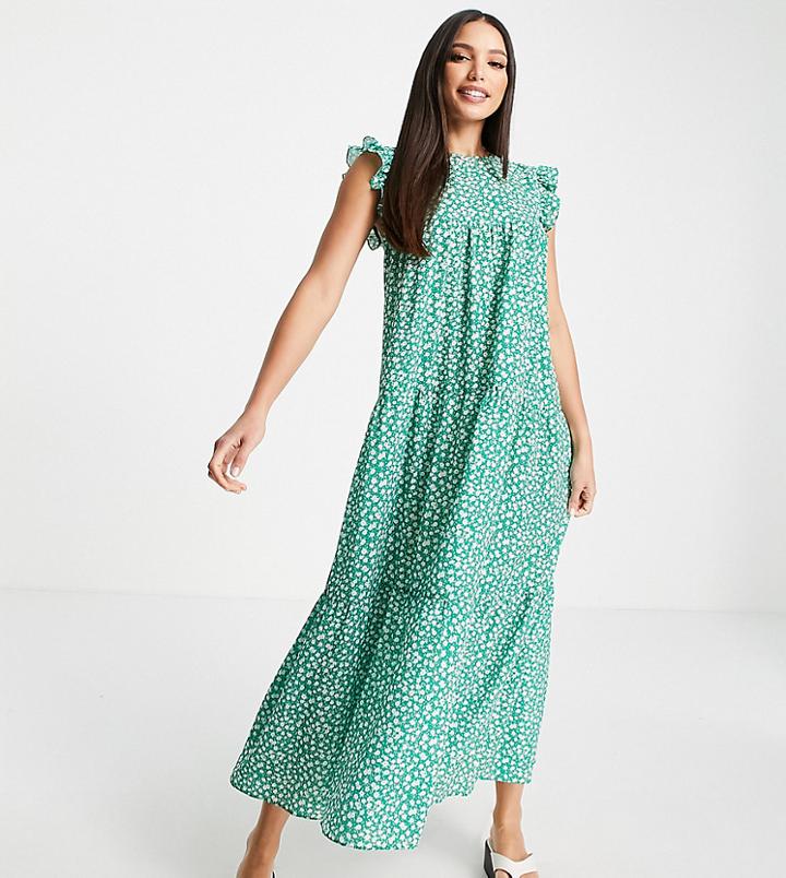 Asos Design Tall Sleeveless Tiered Midi Dress With Frills In Green Floral Print-multi
