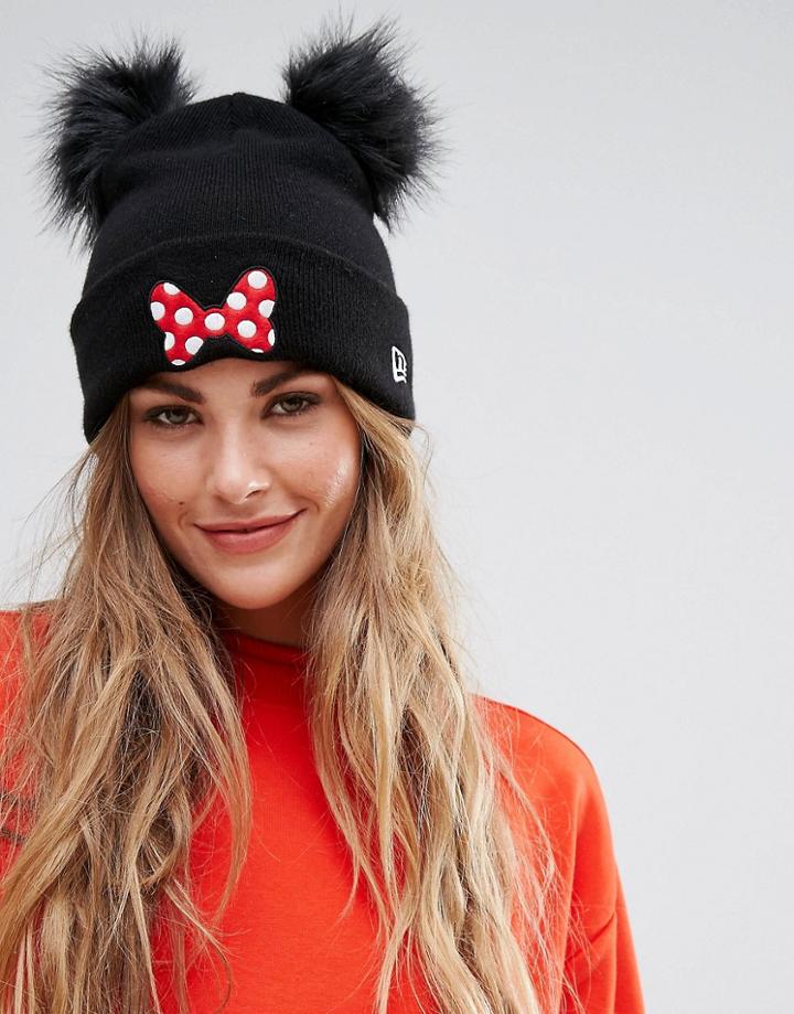 New Era Double Pom Beanie With Minnie Mouse Bow - Black