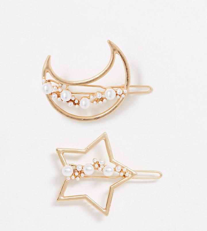 Reclaimed Vintage Inspired Moon And Star Hair Clip 2 Pack-gold