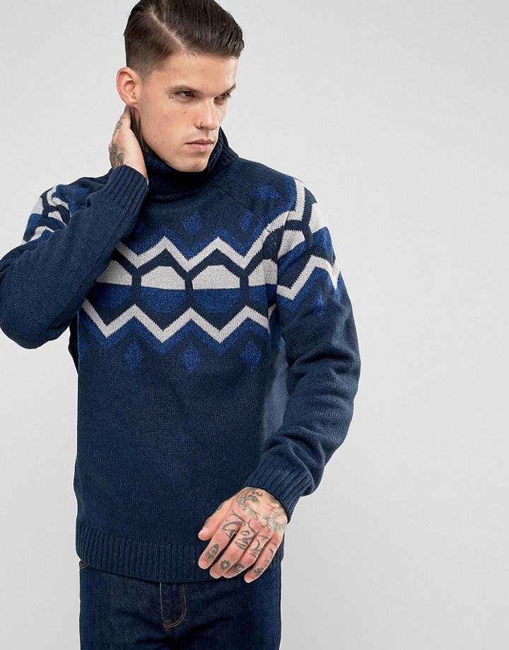 Bellfield Jacquard Ski Lodge Roll Neck Sweater - Navy