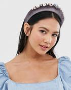 Asos Design Padded Headband With Pearl Crystal And Floral Embellishment-purple