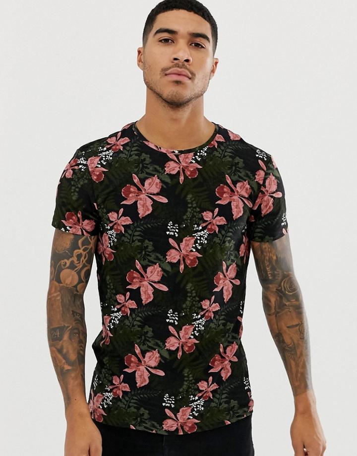 Blend T-shirt With Pink Floral Print In Black - Black