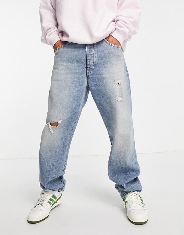 Asos Design Straight Leg Jeans In Tinted Mid Wash With Abrasions - Mblue-blues