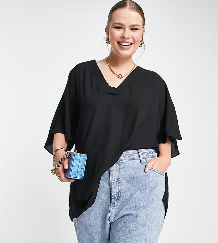 Asos Design Curve Oversized V Neck Tee With Split Hem In Black