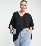 Asos Design Curve Oversized V Neck Tee With Split Hem In Black