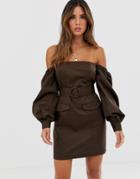 Asos Design Off Shoulder Utility Mini Dress With Pockets - Brown