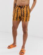 Asos Design Swim Shorts In Neon Orange Snake Print Short Length