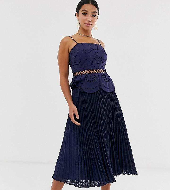 Asos Design Petite Broderie Cami Midi Dress With Pleated Skirt - Navy