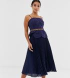 Asos Design Petite Broderie Cami Midi Dress With Pleated Skirt - Navy