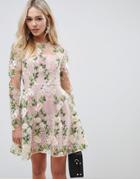 Asos Design Mini Skater Dress In Pretty Embroidery - Multi