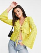 Asos Design Plisse Ruffle Blouse In Yellow Polka Dot-multi