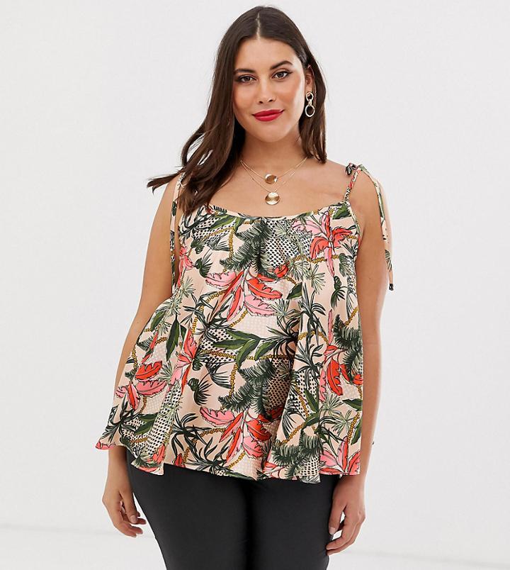 Asos Design Curve Tie Shoulder Satin Swing Cami In Tropical Leaf Print - Multi