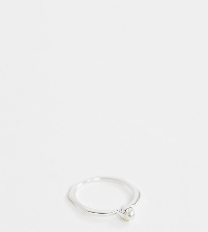 Asos Design Sterling Silver Ring With Square Edge And Faux Pearl - Silver