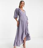 Flounce London Maternity Flutter Sleeve Maxi Dress With Plunge Front In Lilac Satin-purple