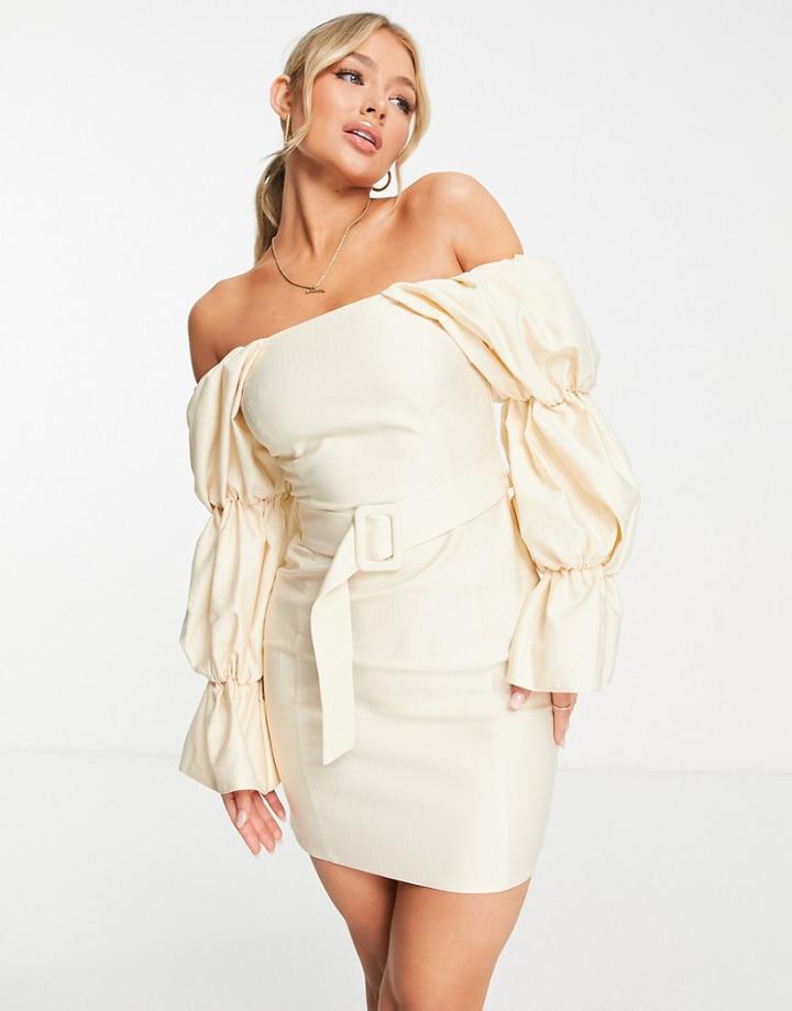 Asos Luxe Stretch Linen Belted Extreme Sleeve Dress In Stone-neutral