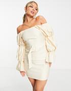 Asos Luxe Stretch Linen Belted Extreme Sleeve Dress In Stone-neutral