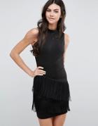 Love & Other Things High Neck Dress With Fringed Detail - Black