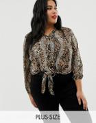 New Look Curve Tie Front Blouse In Animal Print - Brown