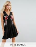 Parisian Petite Skater Dress With Rose Embroidery - Black