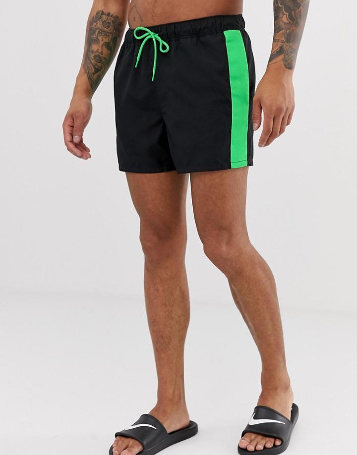 Asos Design Swim Shorts With Contrast Neon Green Side Tape And Draw Cord In Short Length-black