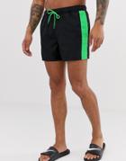 Asos Design Swim Shorts With Contrast Neon Green Side Tape And Draw Cord In Short Length-black