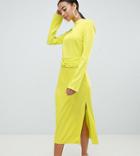 Asos Design Tall Column Knot Midi Dress With Long Sleeves-yellow